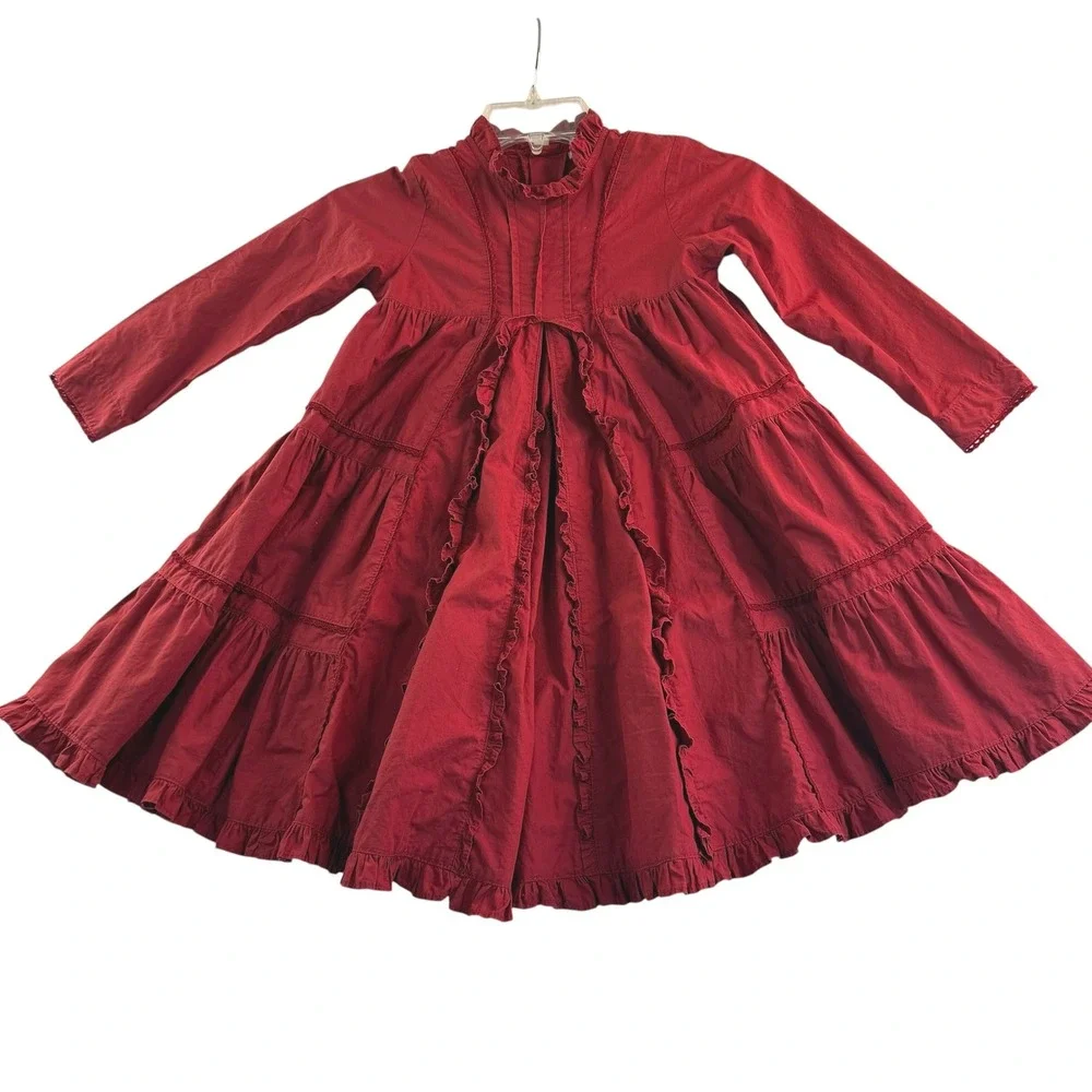 Jottum Childs Dress Size 4 Deep Red Long Sleeve Tiered Ruffle High Neck Cotton